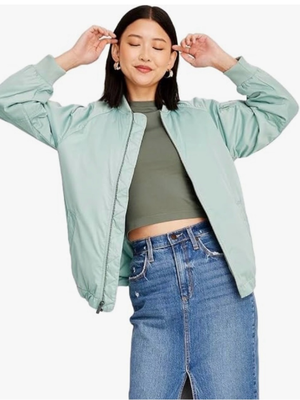 Women’s Mint Green Bomber Jacket – Casual Zip-Up - Oversized